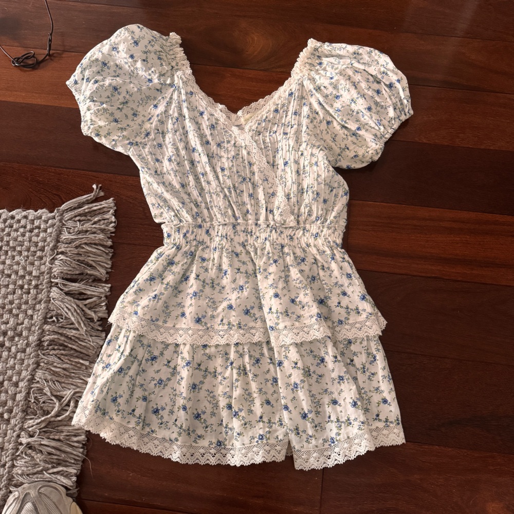 Blue Floral Lace Trim Mini Dress